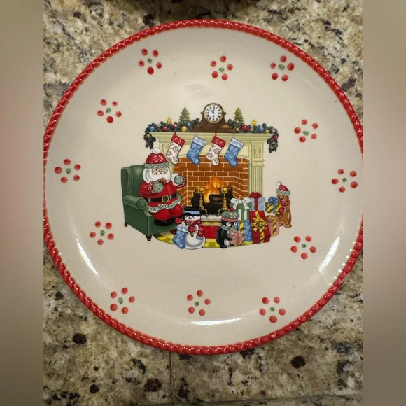 Temptations Tara HOLIDAY): 4 Salad/Dessert Plates, Santa, Fireplace, Red - Picture 1 of 3
